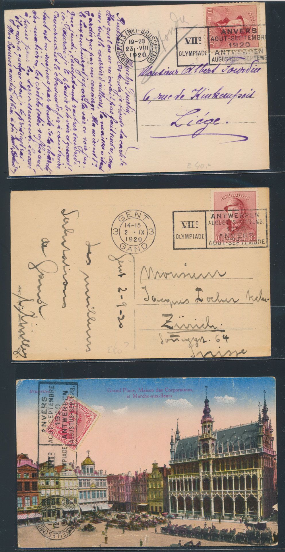 1920 Kleine verzameling van 9 ZK en 2 PWST met verschillende afstempelingen van de VII° Olympiade, verstuurd uit Gent, Brussel, Antwerpen, Luik, naar België, Zwitserland, zm 