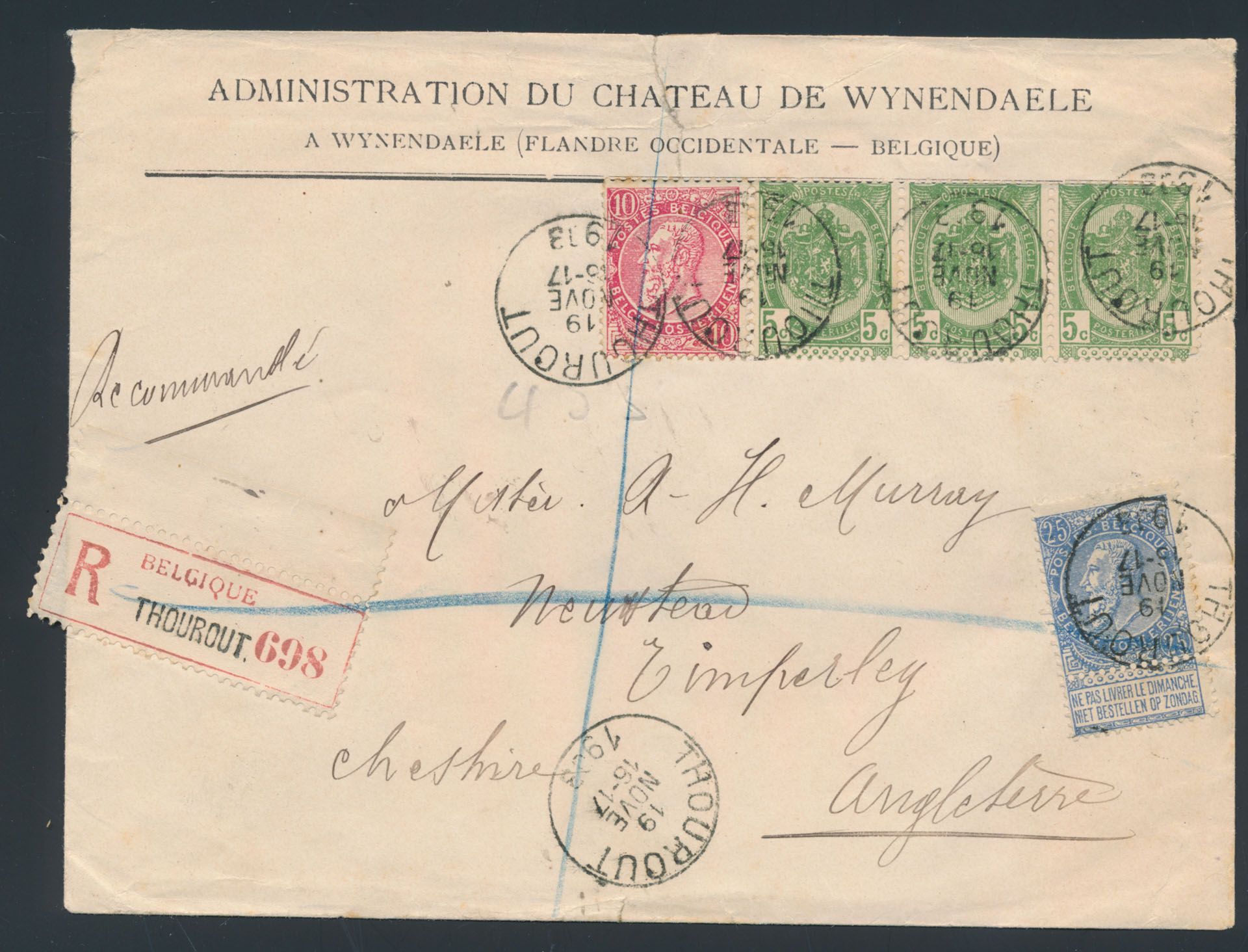 1903 Nos 56 (in strip of 3), 58 and 60 on registered cover, from Thourhout, dated 19 November 1903, to Timperley (England). Nice advertisement from the 