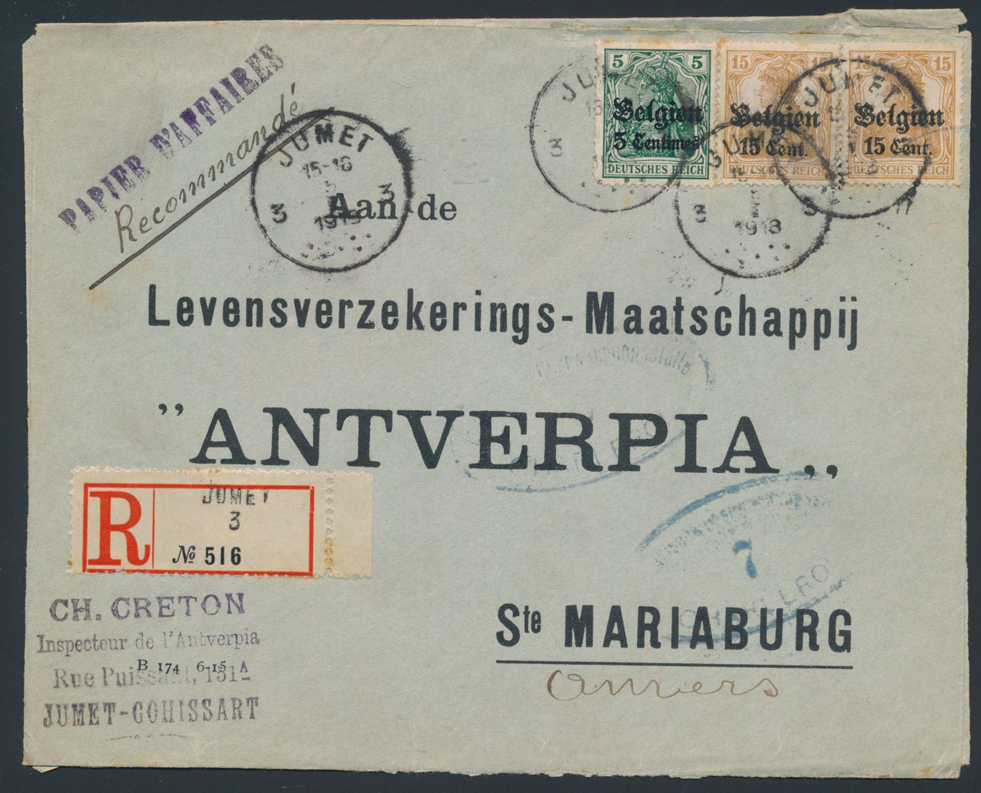 1918 BZ 12 + BZ 15 (2x), op aangetekende brief Jumet 3, dd. 05/01/1918, naar Antwerpen, manuscript 