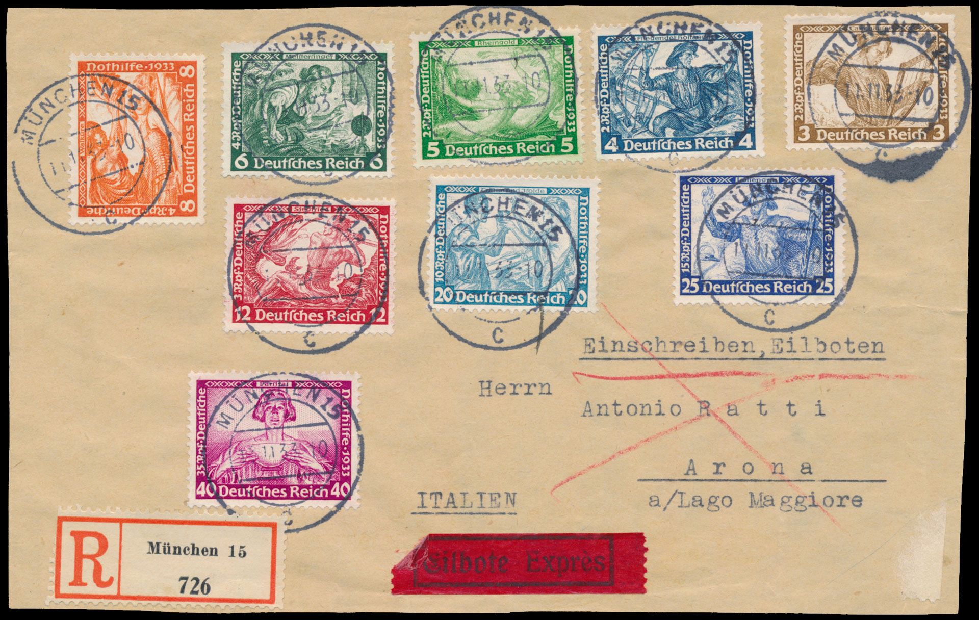 1933, registered front of cover, with full Wagner series (Mi N° 499A/507A, cat. value €380), vf/to be checked.