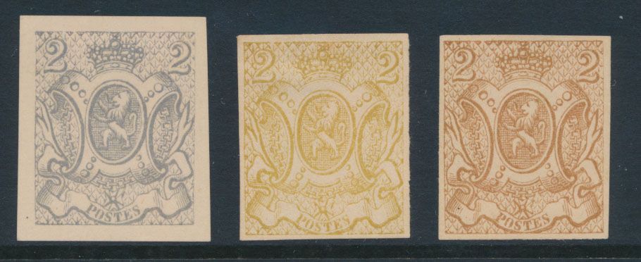 Type STES 1282, 3 privéherdrukken door Moens (1870), gebaseerd op originele matrijs van Dargent en Delpierre, niet aangenomen ontwerpen, in sepiabruin, geel en grijsblauw van de 