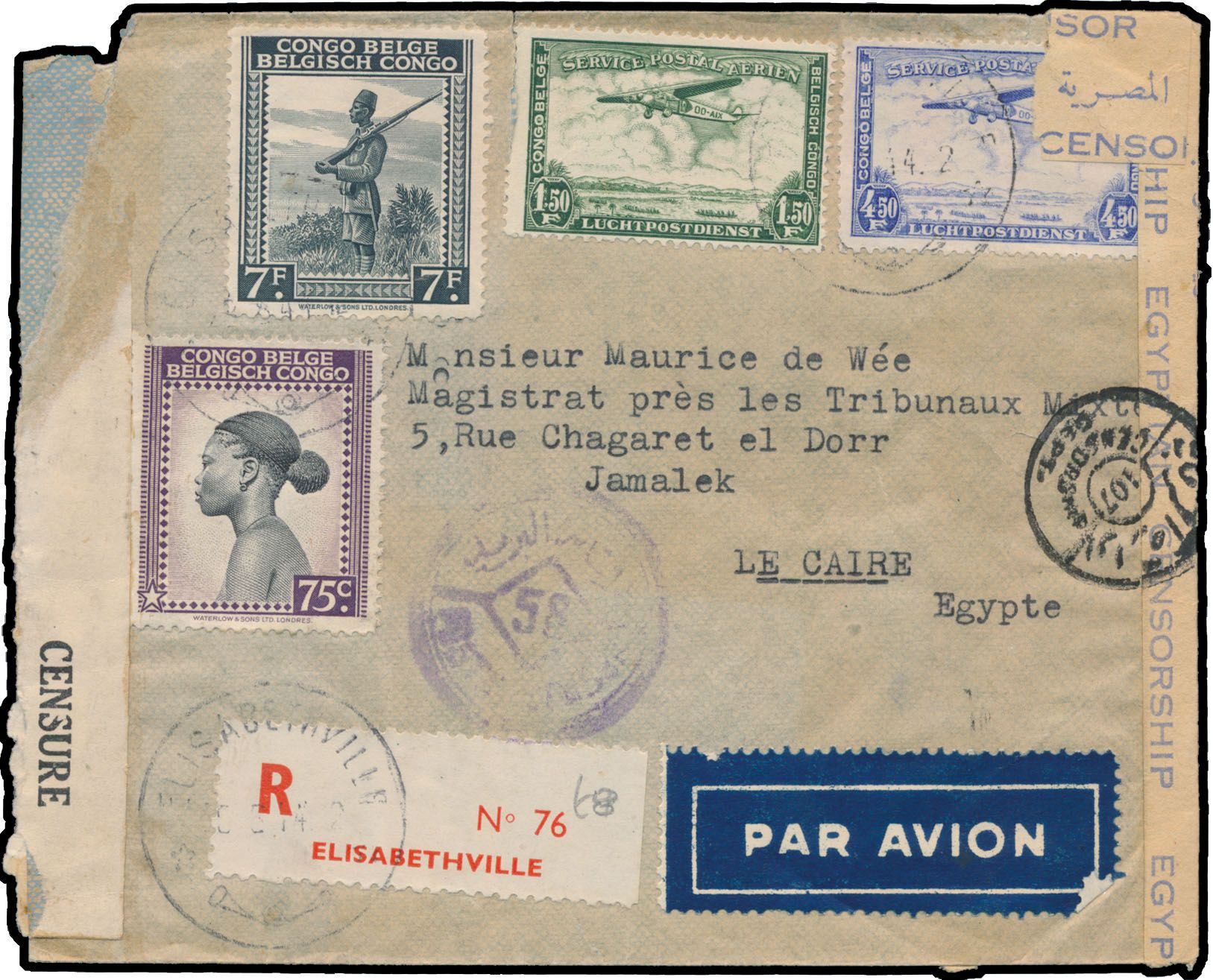 1944, registered airmail sent from Elisabethville on 28 August 1944 to Cairo / Egypt, Belgian Congo censor tape Aa applied by censor 3 at Elisabethville and Egyptian censor tape applied at arrival, franked by Palms issue and Airmail stamps, uncommon destination, vf/f