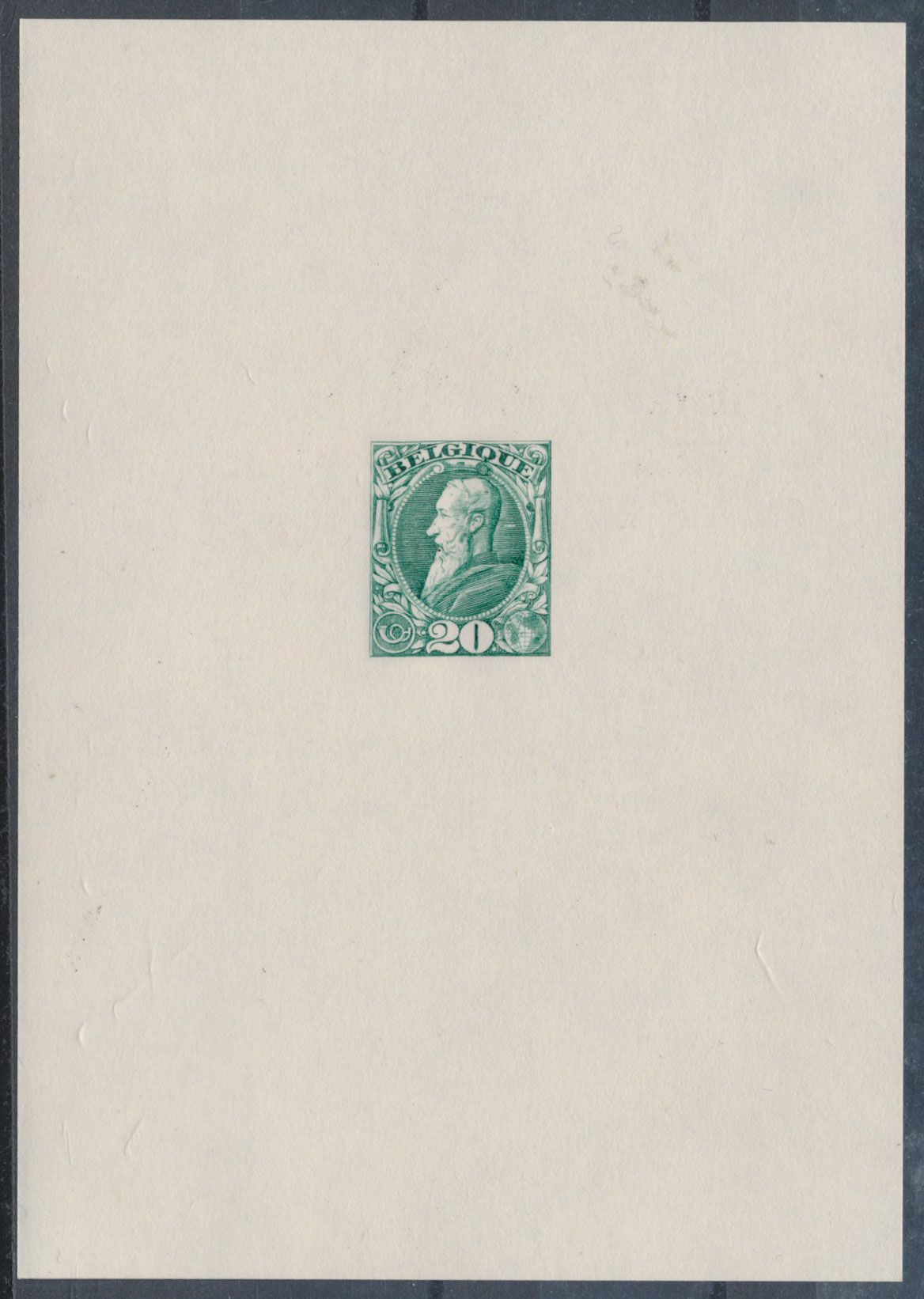 STES 2105 Proef van de matrijs van een niet aangnomen ontwerp van E. Petitot (1887), op dik donker chamois papier, in het groen, zm