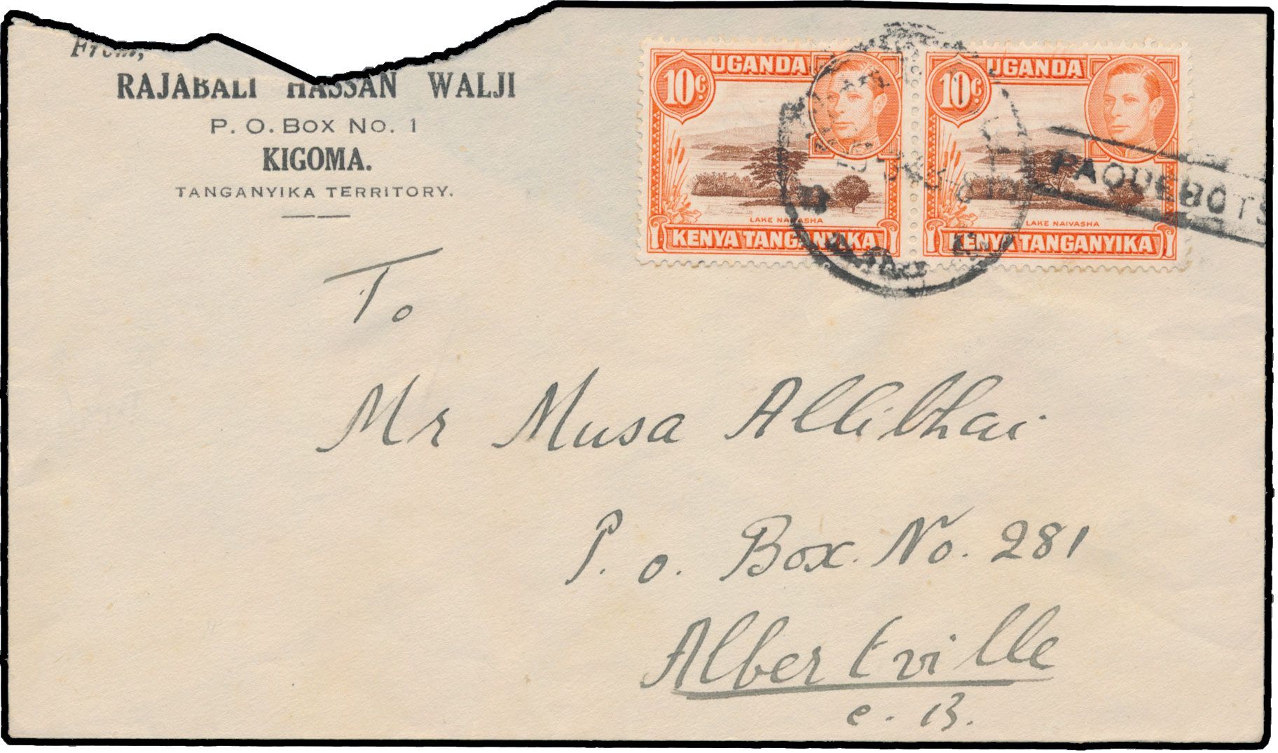 1948, incoming mail posted on board of a ship on Tanganyika Lake sent to Albertville / Belgian Congo, franked by Ugandan stamps, both cancelled at arrival by Albertville cancel and by framed PAQUEBOTS mark of Albertville, very scarce, vf/f