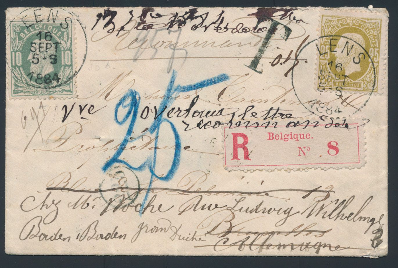1884 N° 30b und N° 32, auf eingeschriebenem Briefumschlag, Zähnung 14, von Lens (T0), datiert 16. September 1884, nach Bruxelles, auf Rückseite handschriftlich 