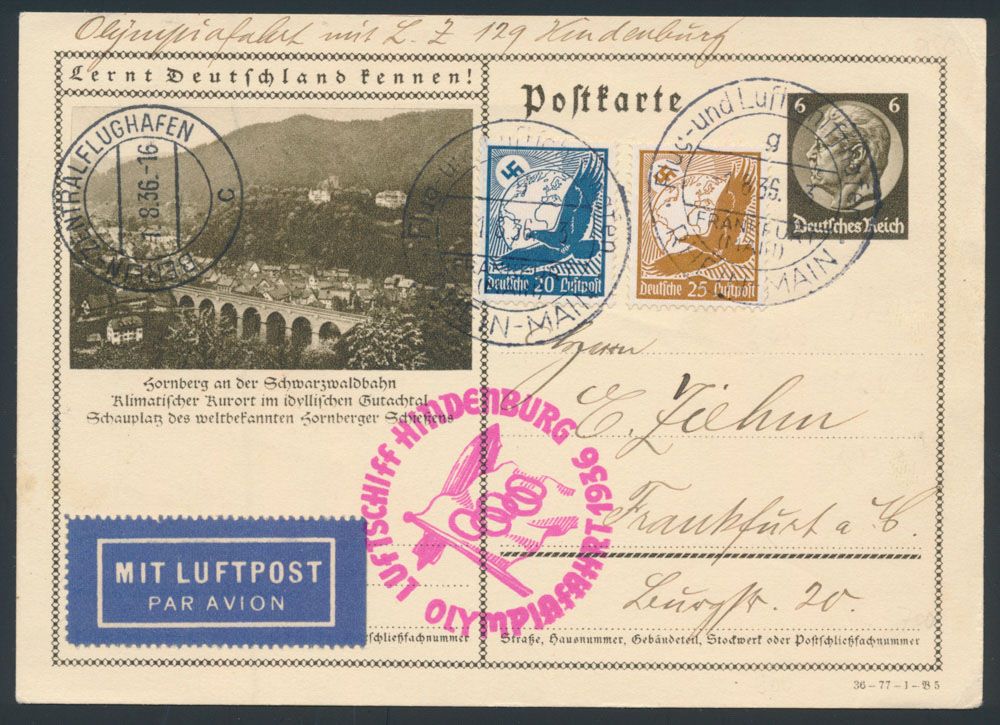 1936.1.8 Carte postale pour Francfort avec cachet rouge 