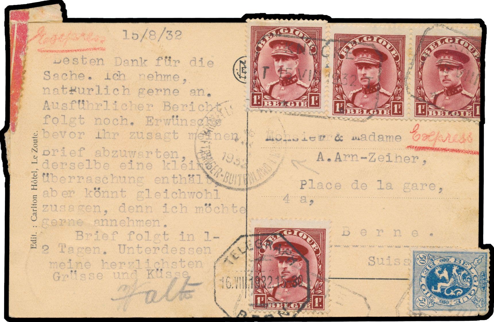 1932, Special delivery picture postcard sent from Knokke to Bern/Switzerland, franked with (OBP) Nos 285 and 317 (4x) and Nos 317 with telegraphic arrival postmark of Berne, transit stamp 'Bruxelles- Brussel 1/ Etranger- Buitenland' vf.