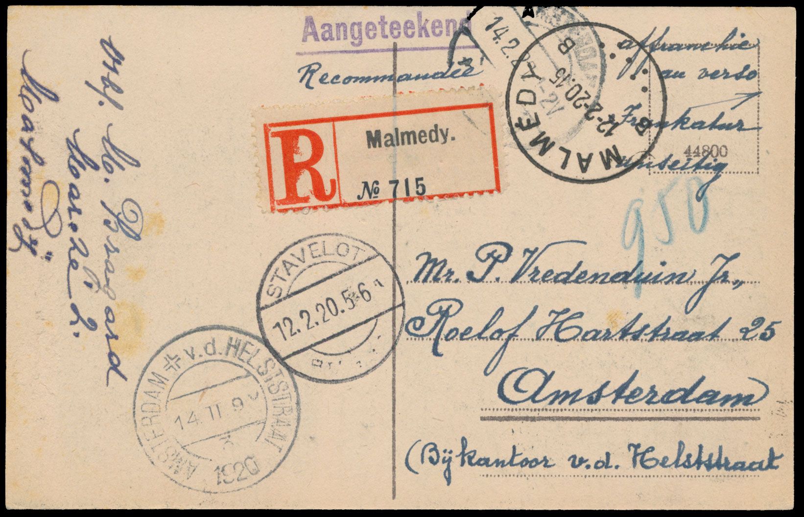 1920, 6 poststukken (4 PWST en 2 ZK) met opdrukken 