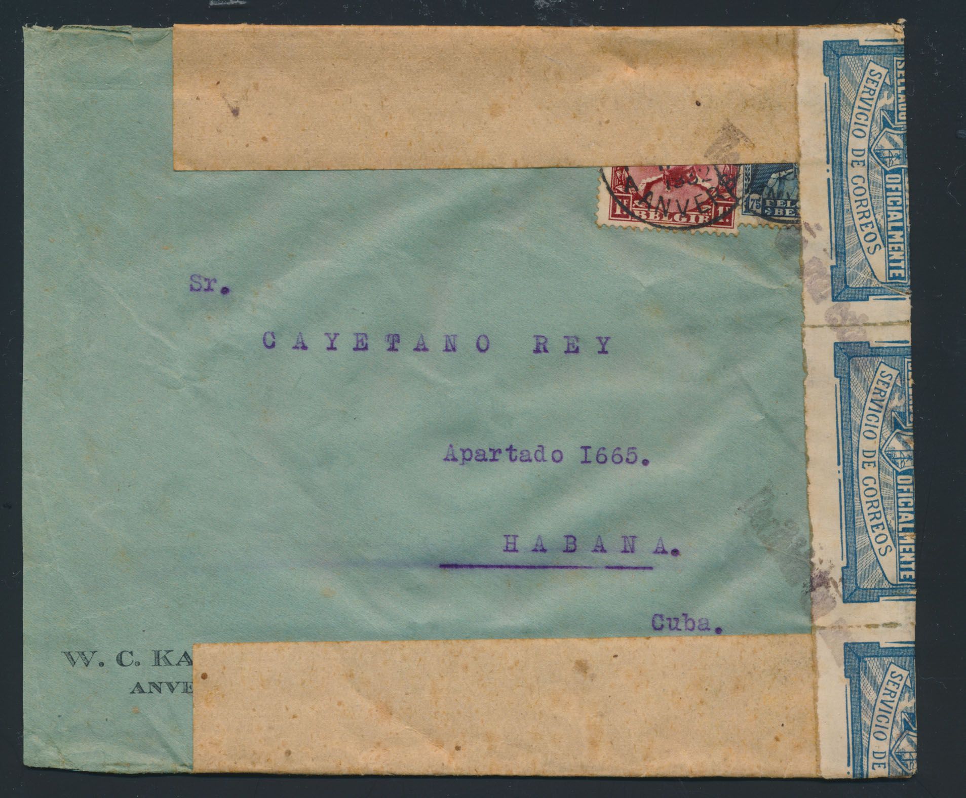 1932 Nos 317 and 320, on cover from Anvers, dated Feb 1932, to HABANA (Cuba), with censure 