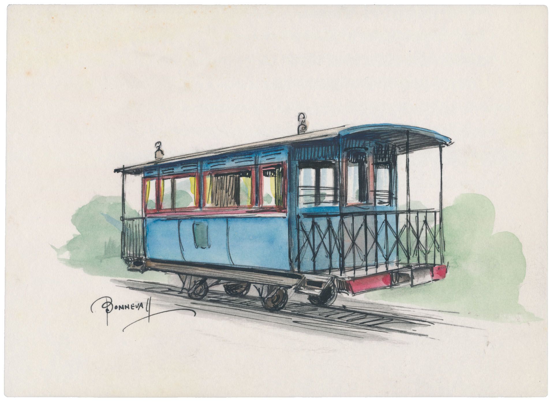 N° 2079/81, 3 aquarellen vd ontwerpen O. Bonnevalle 'Geschiedenis vd tram en trolleybus' unieke set voor de liefhebber, zm/m.