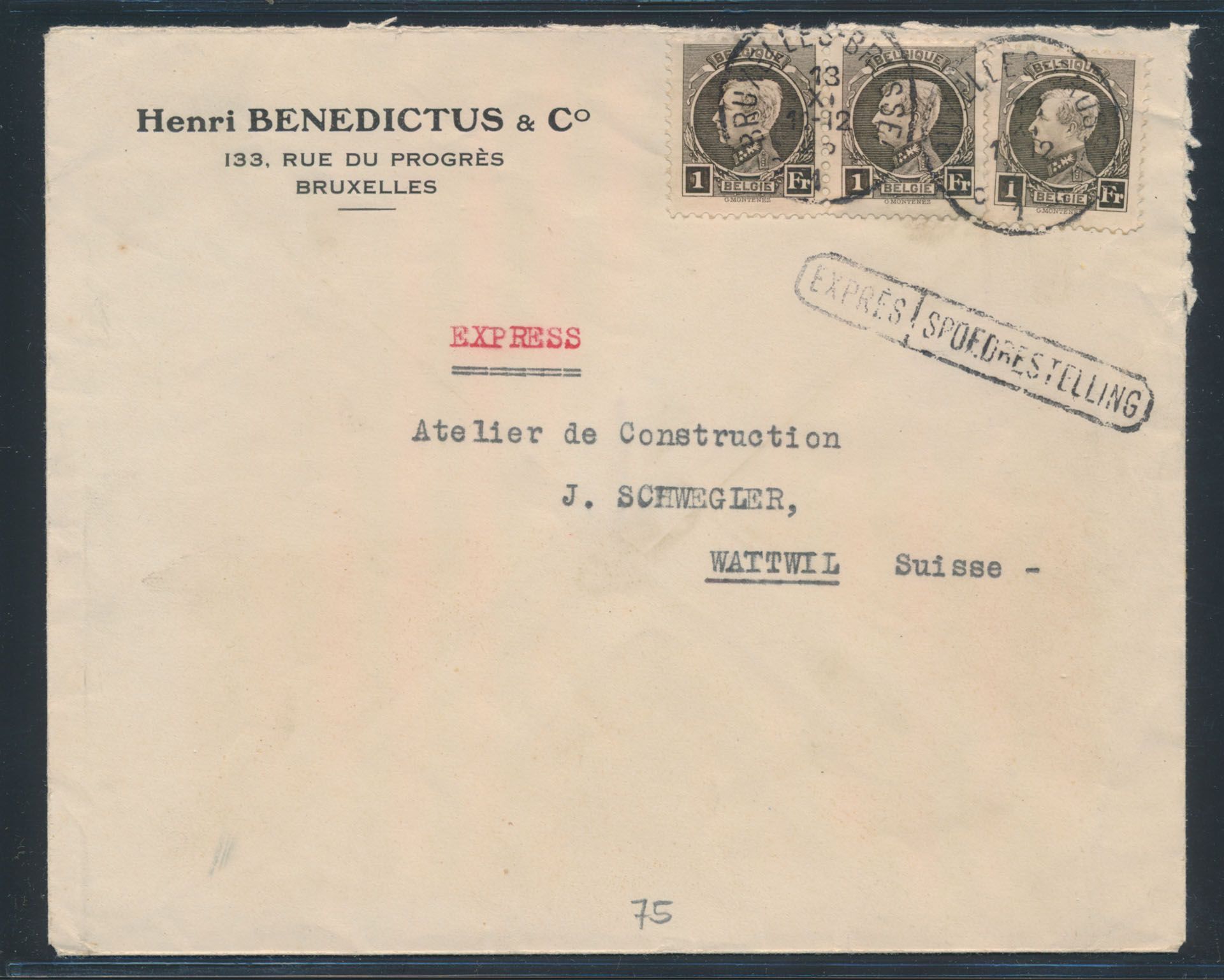 1925, spoedbestelling brief verstuurd uit Brussel naar Wattwil/ Zwitserland, gefrankeerd met 3x 1F Kleine Montenez (OBP N° 214), zm.