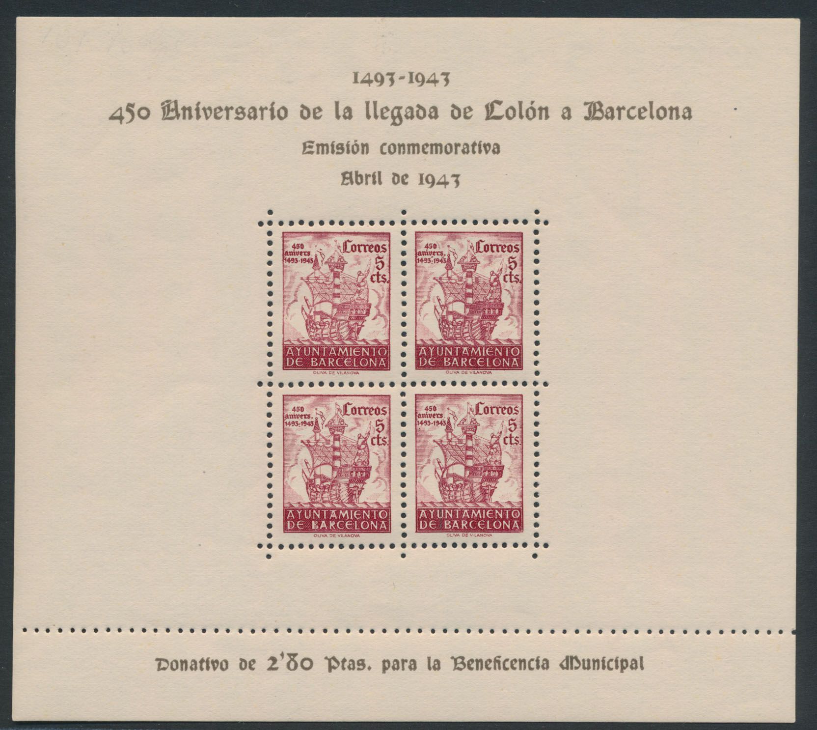 Portugal Blöcke 7 und 10 (beide rostig) und Spanien Barcelona 1943 Blöcke rot und blau, ntz