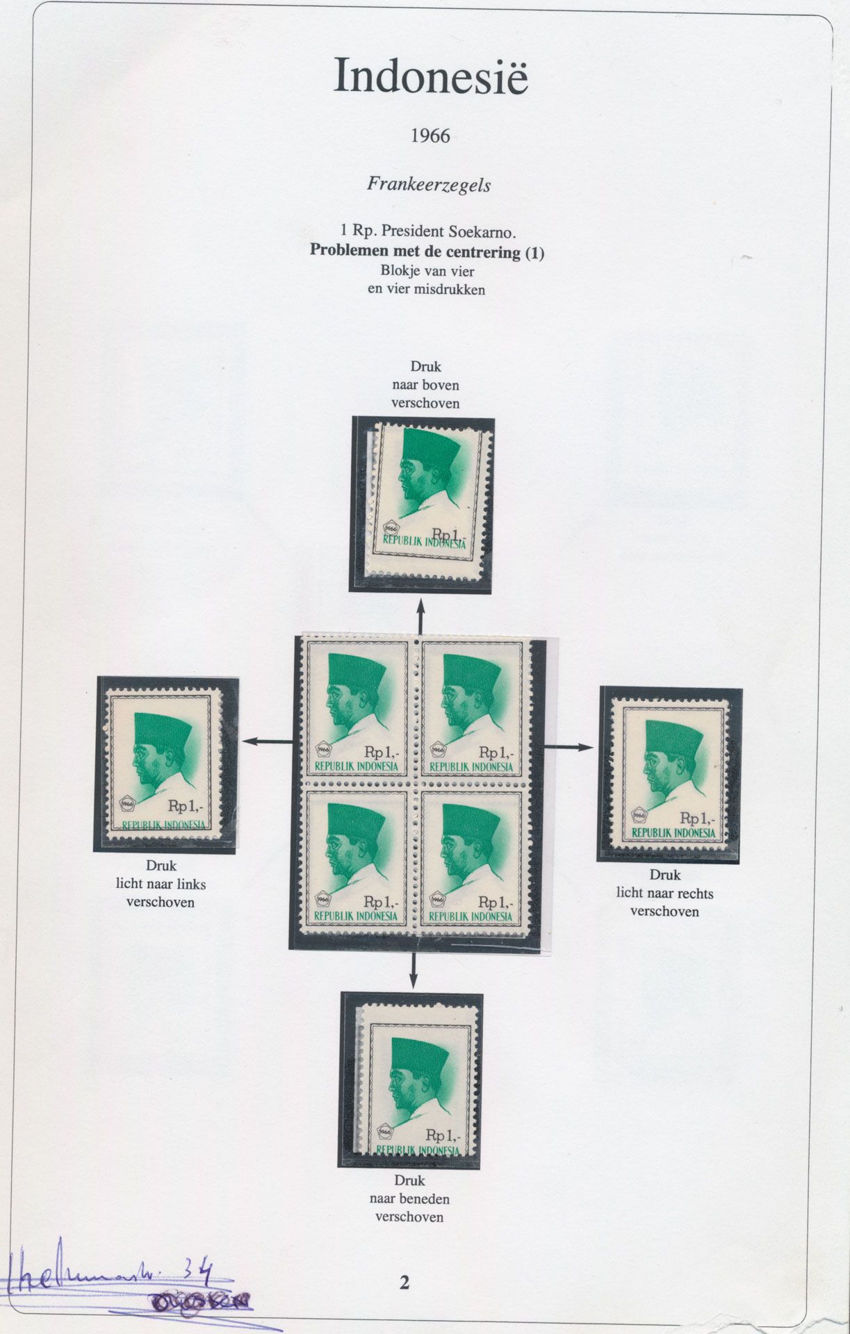 Studie druk- en kleurafwijkingen op zegel '1966, 1 Rp President Soekarno' ook uitgiften 1948/49, interimperiode, Weense uitgiften en Irian Barat, zm.