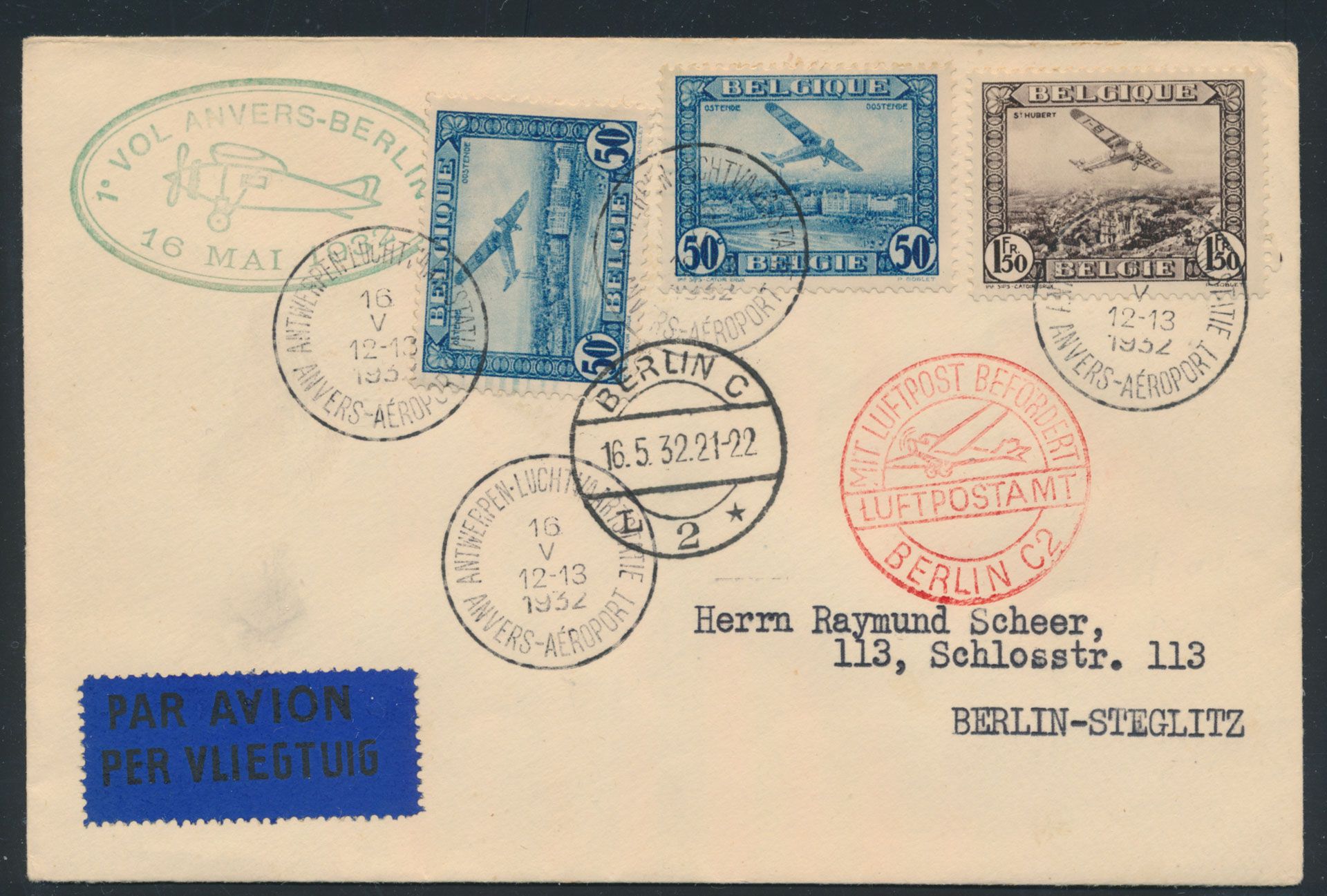 1932, België LP 1 (2x) en LP 2, op brief 1° vlucht 'Anvers- Berlin' 16/5/1932, naar Berlijn.