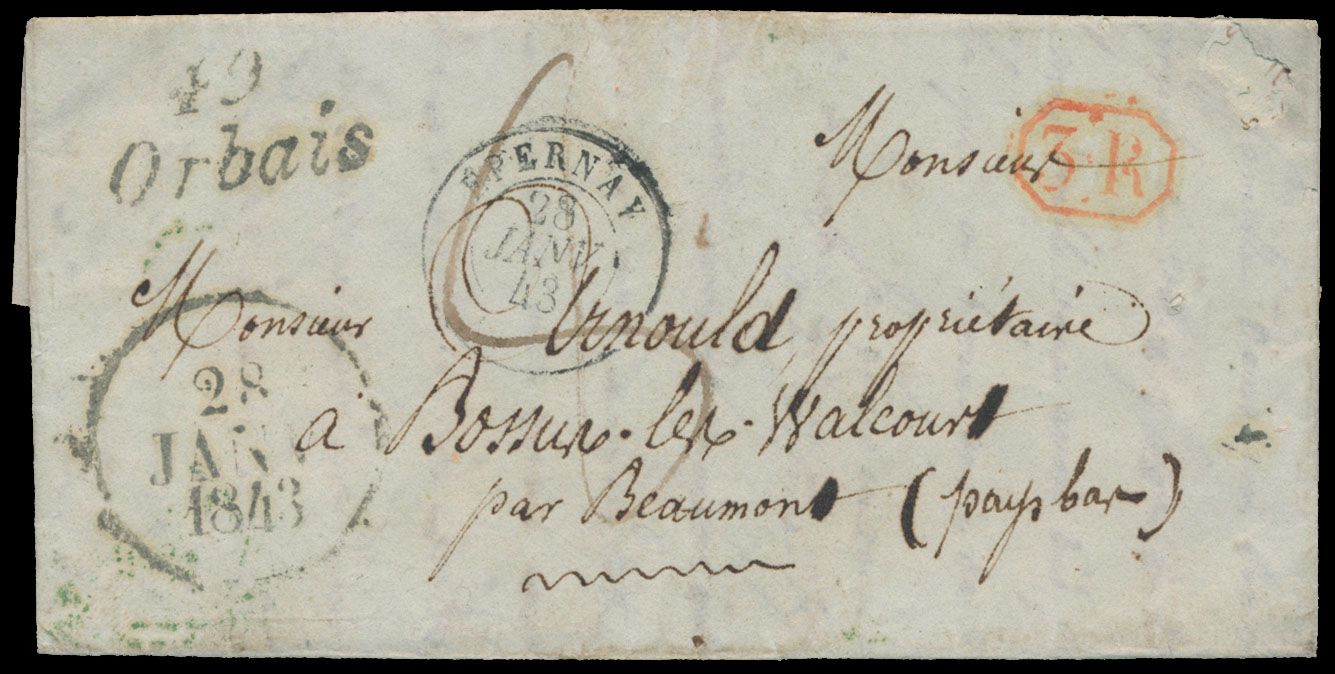 1843, Franse voorloper met inhoud, briefhoofding is Orbais (stempel 49 Orbais), dd. 28 januari 1843, naar Beaumont (Manuscript 