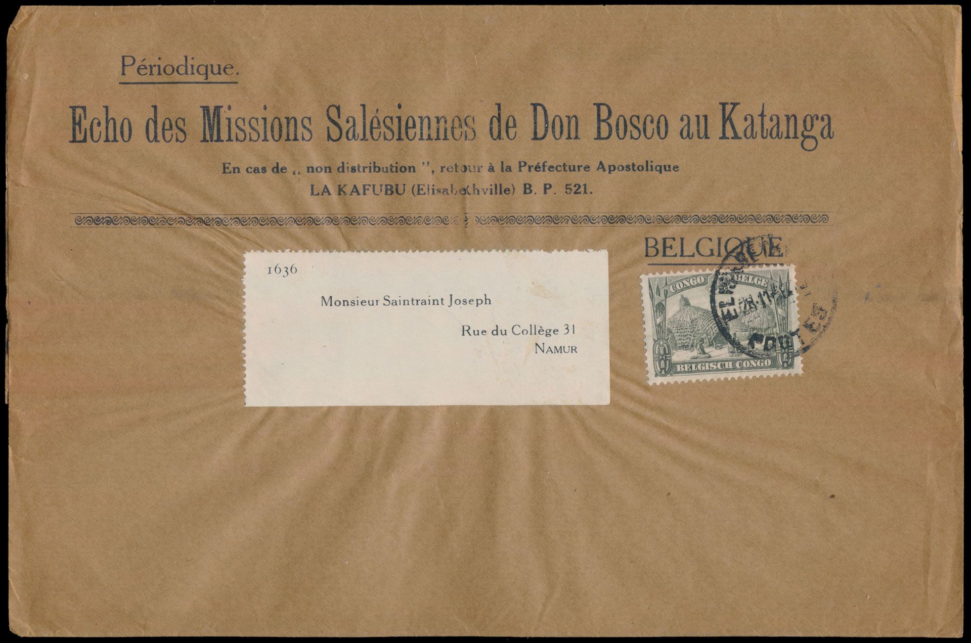 1936, wrapper sent from Elisabethville / Belgian Congo on 28 November 1936 to Namur / Belgium, wrapper for periodic bulletin of 