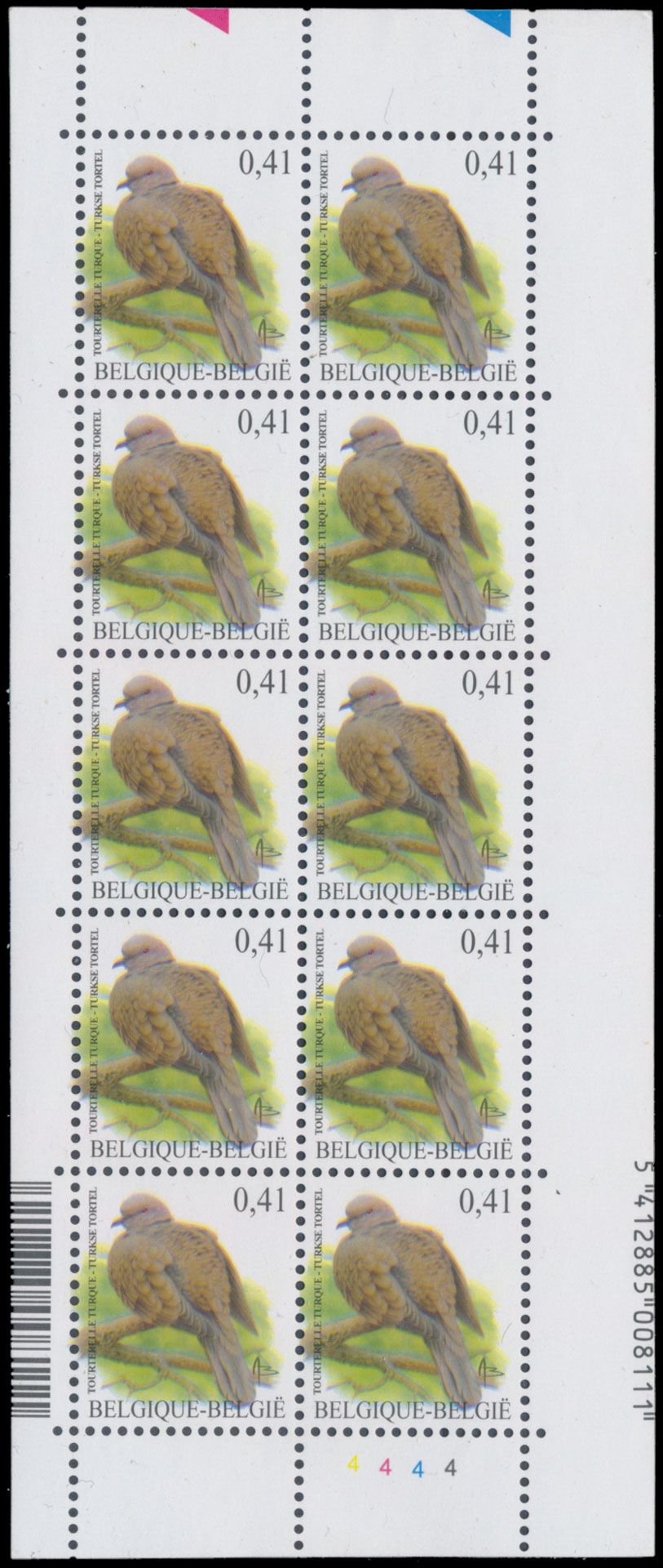 N° 3135-Cu '€ 0,41 Turkse Tortel' (Velletje van 10) met barcode aan 2 zijden (verkeerd afgesneden), plaatnr. 4, zm.