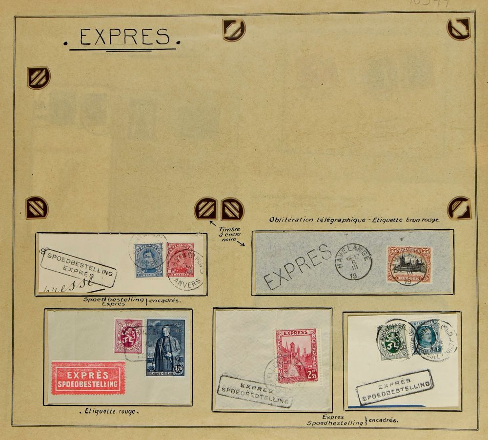 1888/1946 Studie van de expres afstempelingen w.o. telegraaf, spoorweg, 174 zegels en 92 brieven of fragmenten, zm/m/ntz