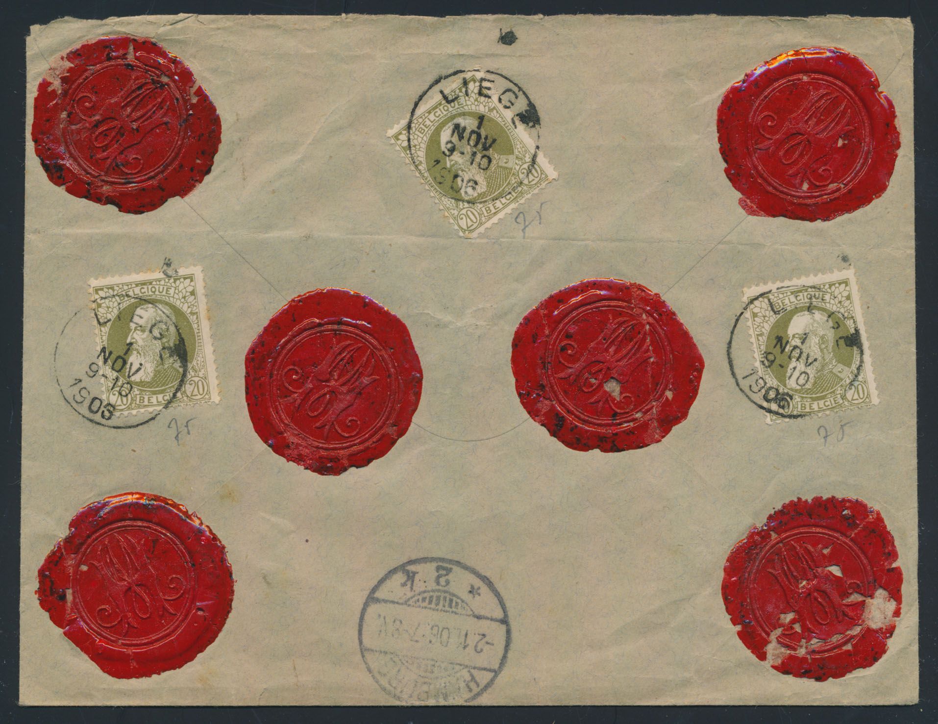 1906, N° 75 (3x) op waardebrief voor 