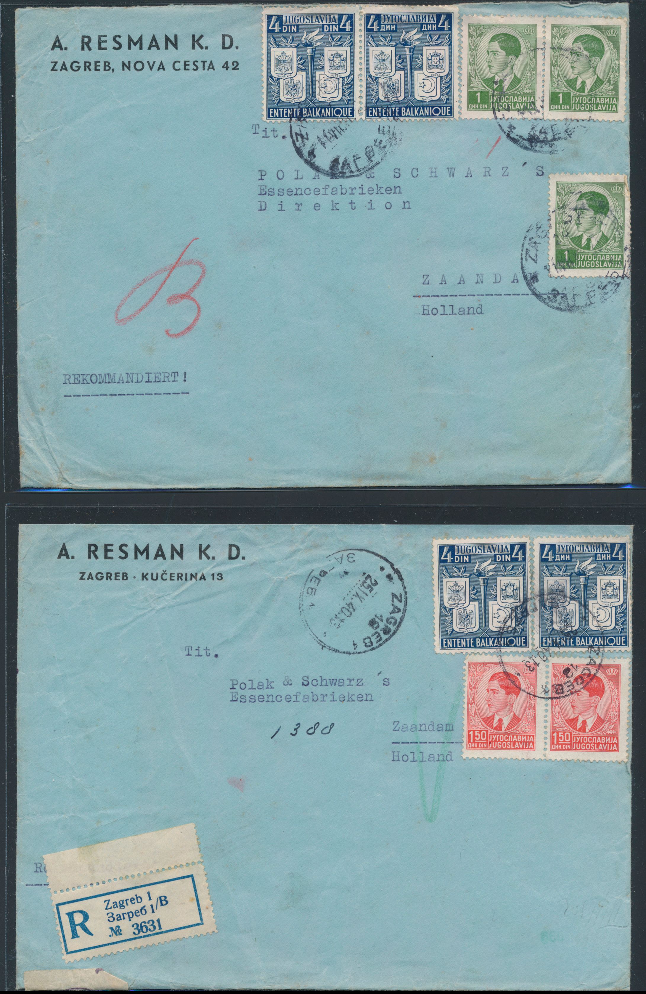 Yugoslavia, 1940/1941, accumulation of 6 censorship letters including registered all sent to the Netherlands, vf/f