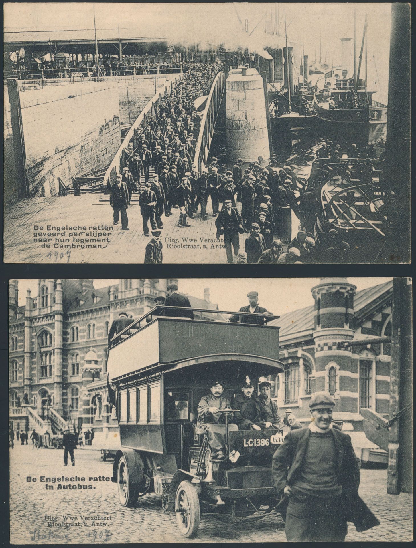 Antwerpen haven, staking 1907, w.o. indrukwekkende kaart van de Engelse 