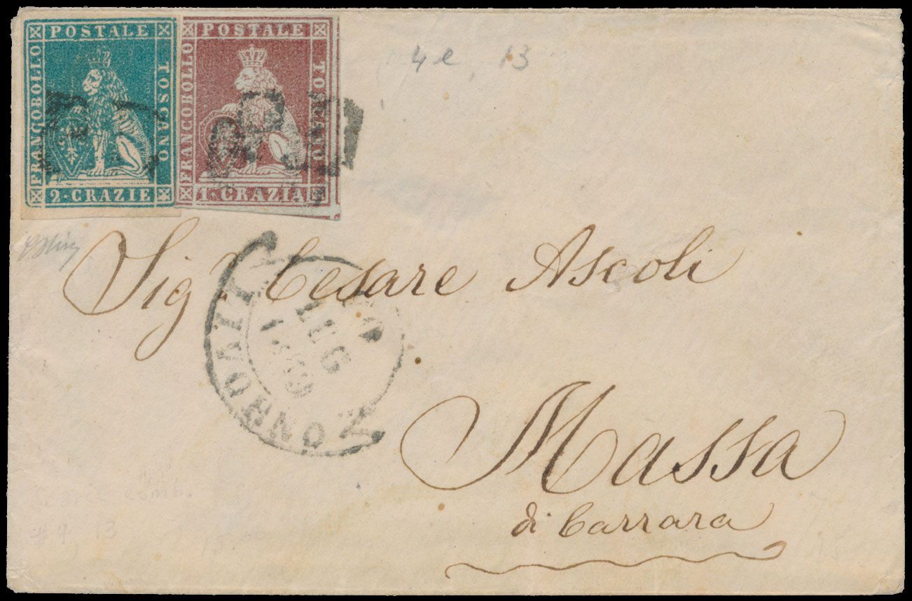 1859, nice letter from Livorno to Massa franked nos 4 and 5, very attractive item, vf (Sass. ++€550)