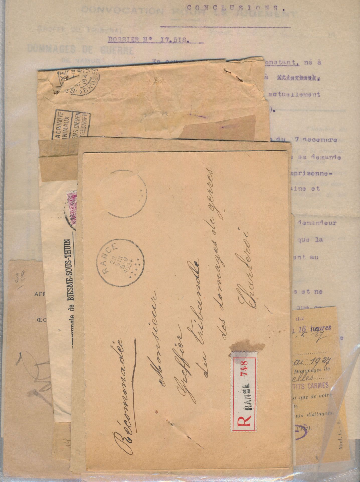 1919/1937, samenstelling van ongeveer 20 poststukken, alle met inhoud, van Ministerie van Binnenlandse zaken, Dommages de guerre, enz., ideaal voor studie, zm