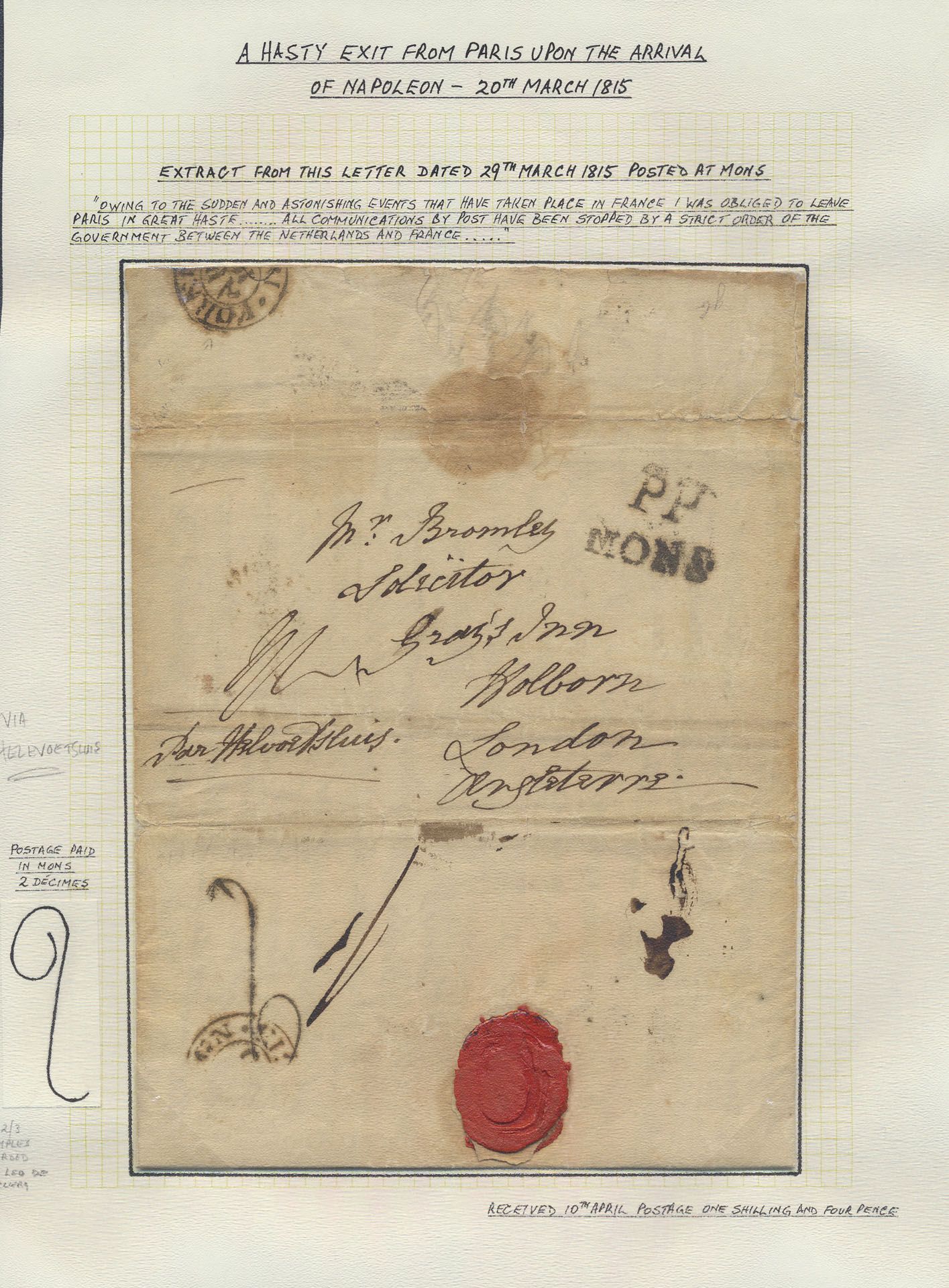 1815 Voorloper met inhoud, vanuit Mons dd. 29 maart 1815, (zwarte naamstempel 
