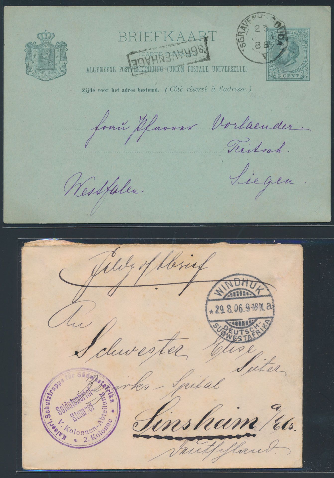 Accumulated postal items in small album, with German colonies and offices, including China and Southwest Africa, postcard Netherlands, etc. vf/f/to be checked.