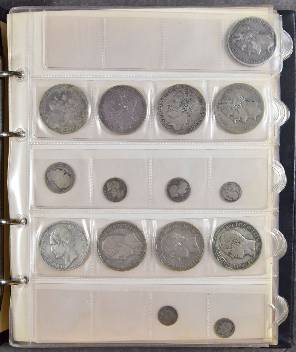 MUNTEN: België, Leopold I, Leopold II en Albert I, interessante samenstelling met o.a. Leopold I 5fr. 1835 Pos B, Leopold II 5fr. 1866, inclusief betere, o.a. 5fr. 1856, nettogewicht zilver 714gr.
