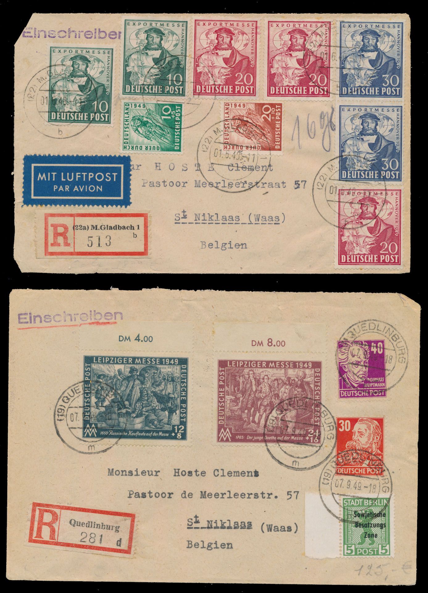 1949/1952, Bizone 2 aangetekende brieven naar Sint Niklaas vanuit Quedlin-burg en Mönchen Gladbach + 1 brief Bund met N° 139/40, 141/42 en 143/44, op filatelistische brief, zm/m.