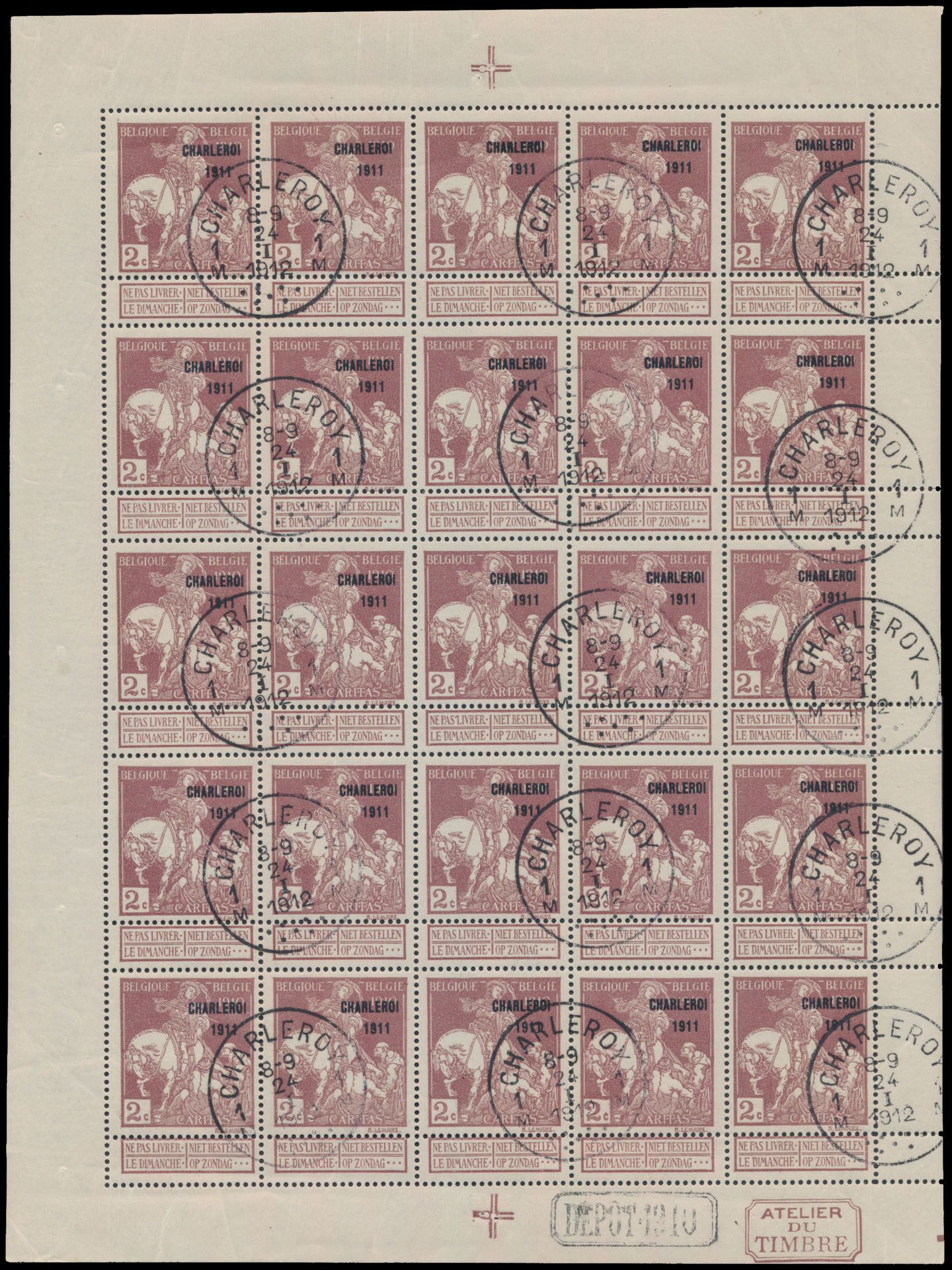 Nr. 101, 103, 105 und 107 'Type Lemaire Charleroi 1911' (Kleinbogen von 25 (mit Gummi), einwandfrei (OBP €4.040)