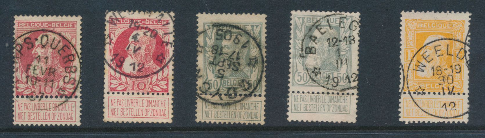 Nos 74 (2x), 78 (2x) and 79 All with relay stamps respectively (Erps-Querbs, Westmalle, Goyck, Baelegem and Weelde), vf