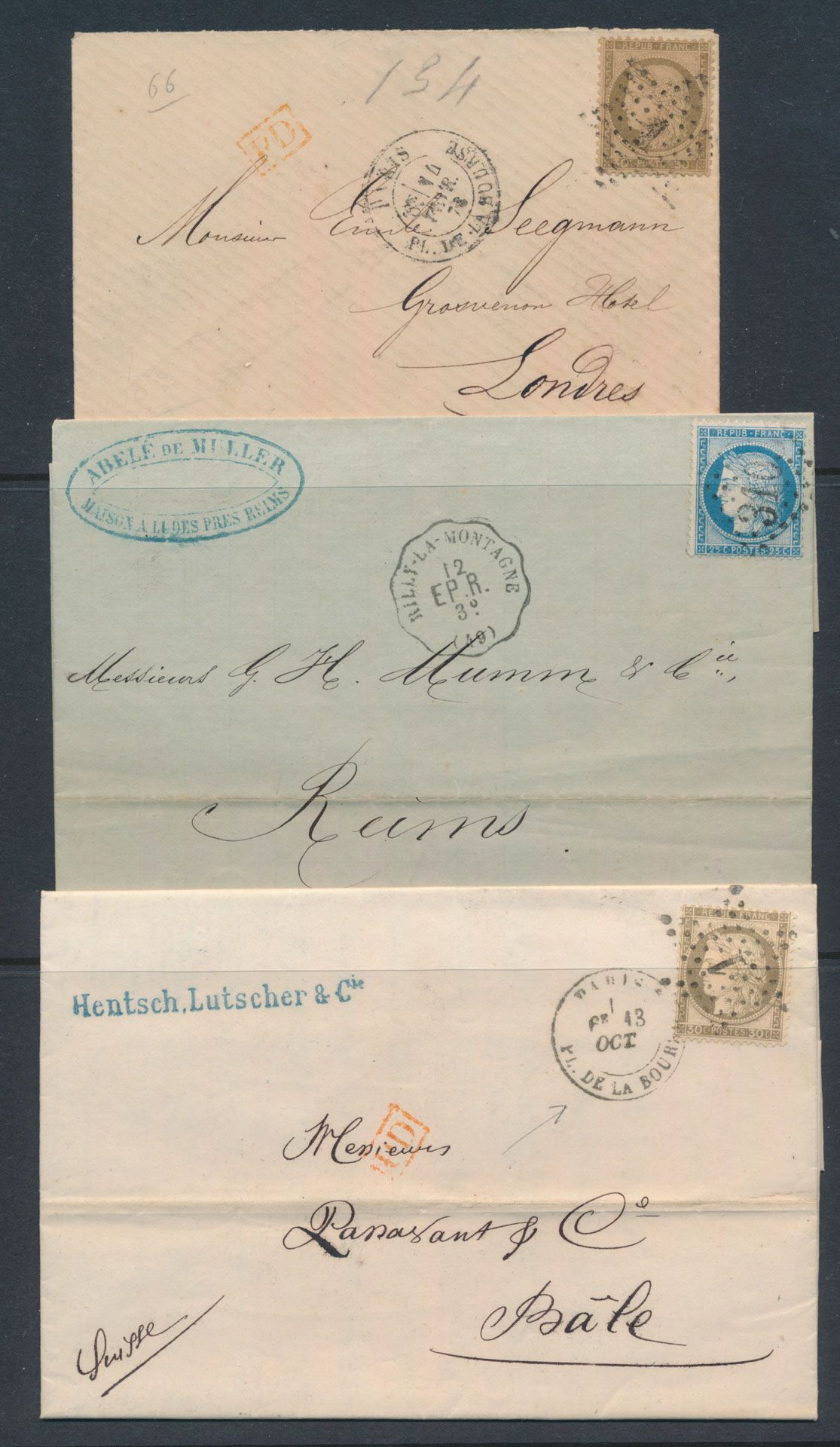 Cérès dentelés, mooie samenstelling van 5 brieven en 2 kaarten w.o. chargée, boîte mobile, cachet convoyeur, zm 