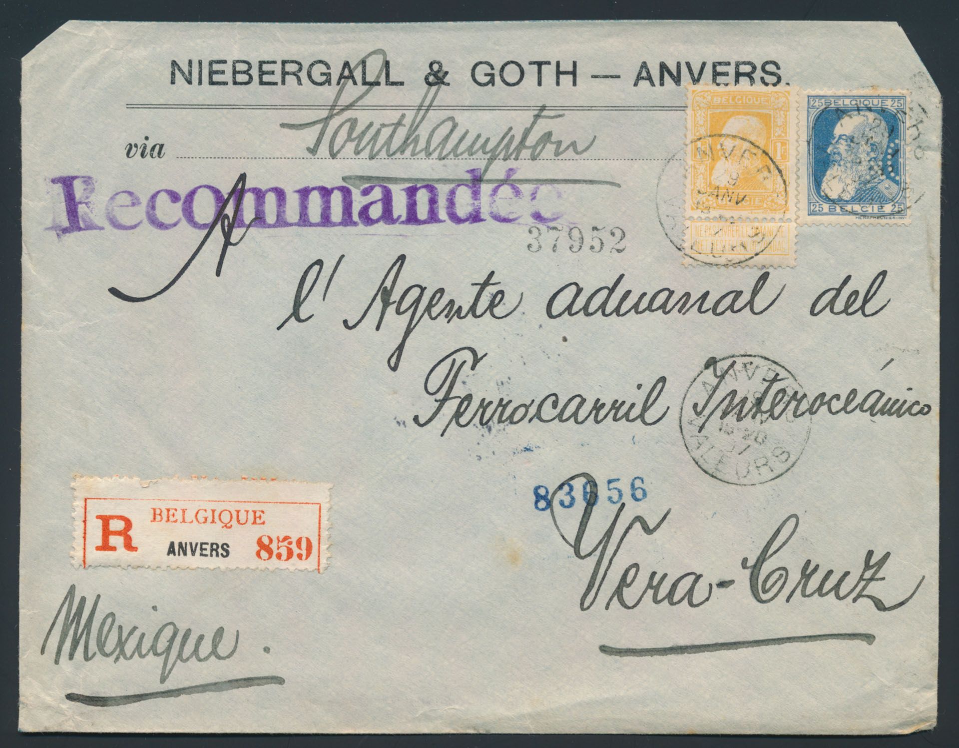 1907 N° 76 en 79 op aangetekende enveloppe, vanuit Anvers (afstempeling 