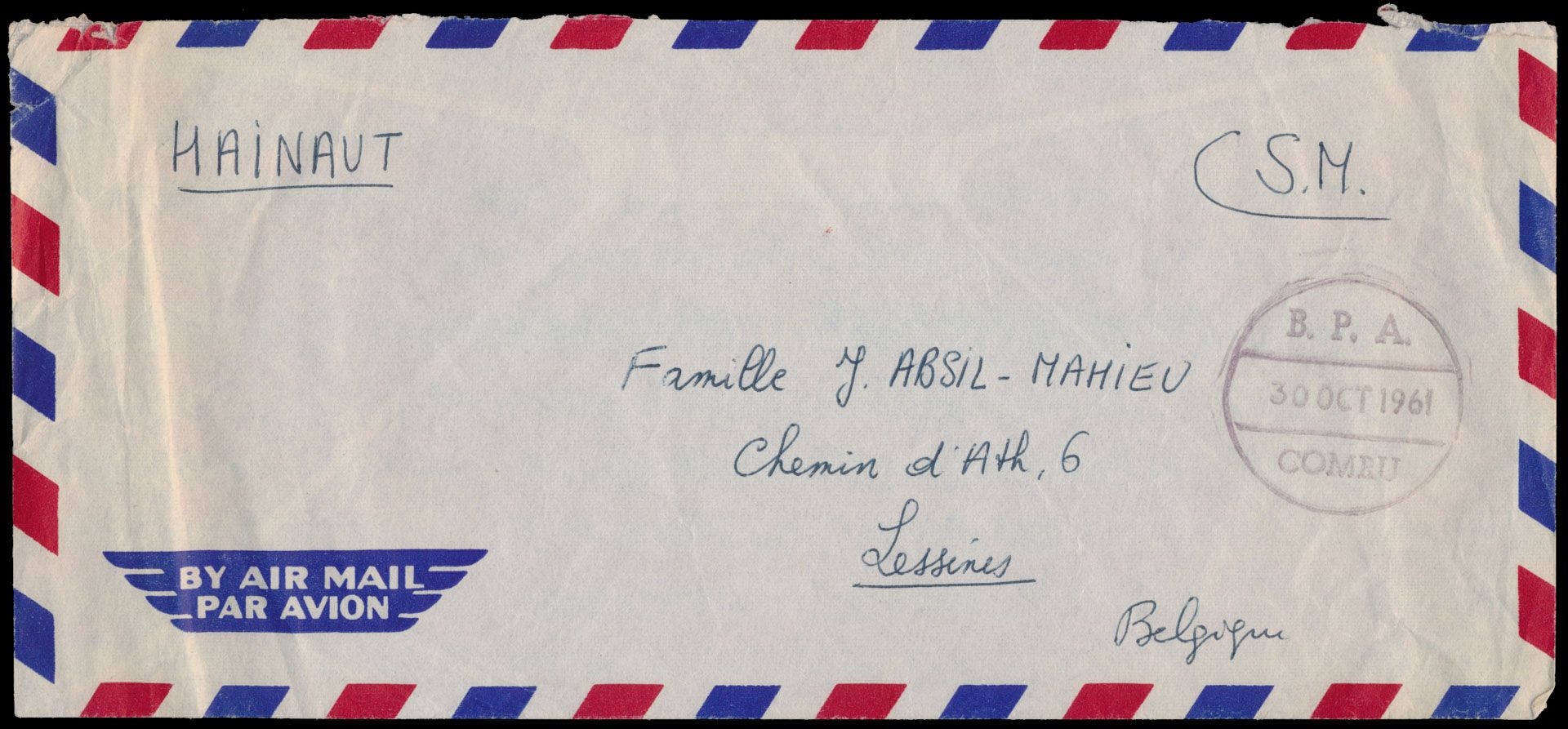 1961, airmail cover from Force Metropolitaine Afrique (FMA) sent from BPA  / COMRU on 30 October 1961 to Lessines / Belgium, military postage free, sent from Sergeant Absil, 60/43616, 1st Bataillon Para Cie based at Usumbura/ Ruanda-Urundi, vf/f
