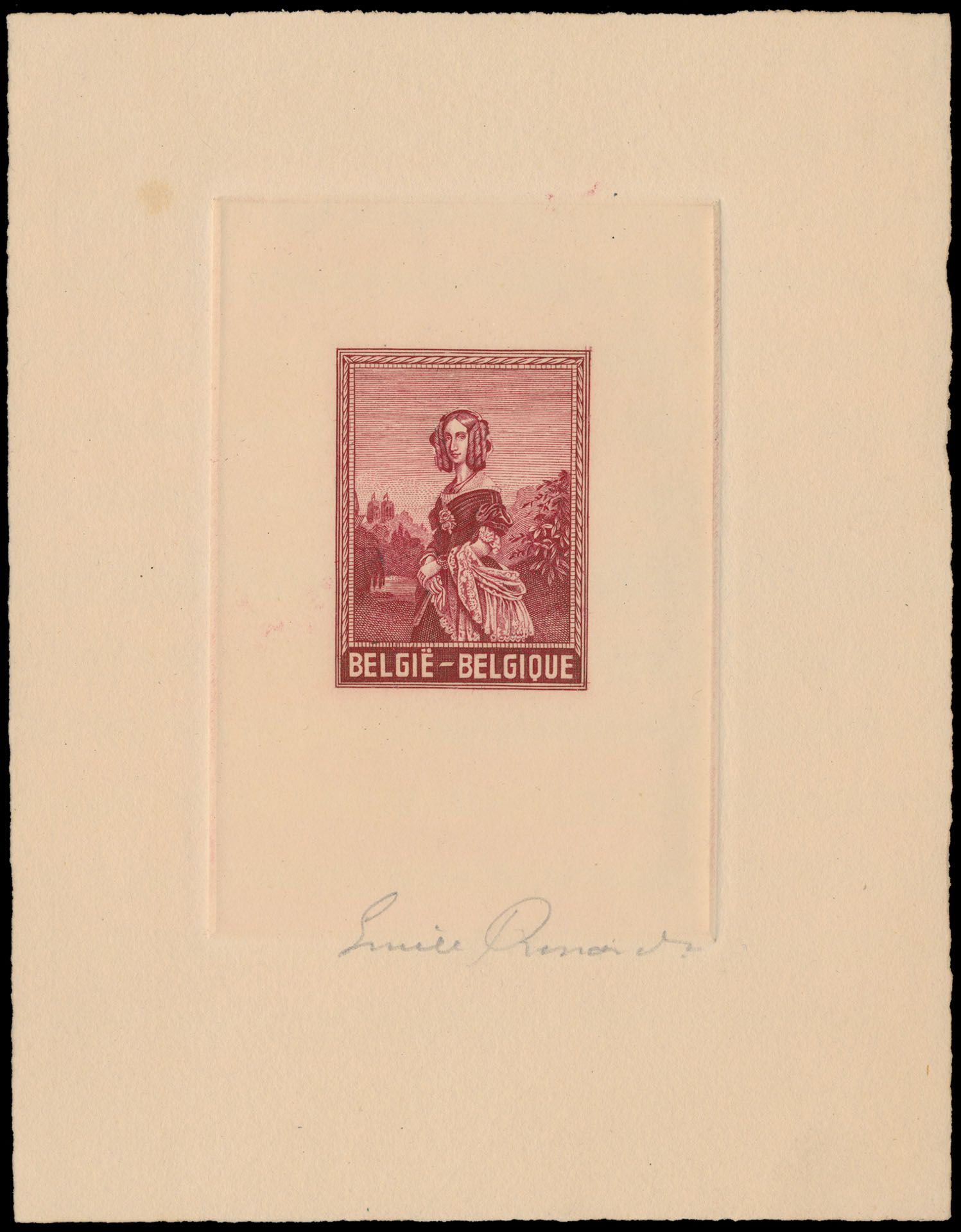 Stes 4539, niet aangenomen ontwerp '100 Verjaardag vd 1° Belg. postzegel' door Emile Renard (1949), in karmijn op dik chamois papier, getekend door de artiest, (zonder zwart potlood inscriptie- Project de Timbre-Poste), zm/m.