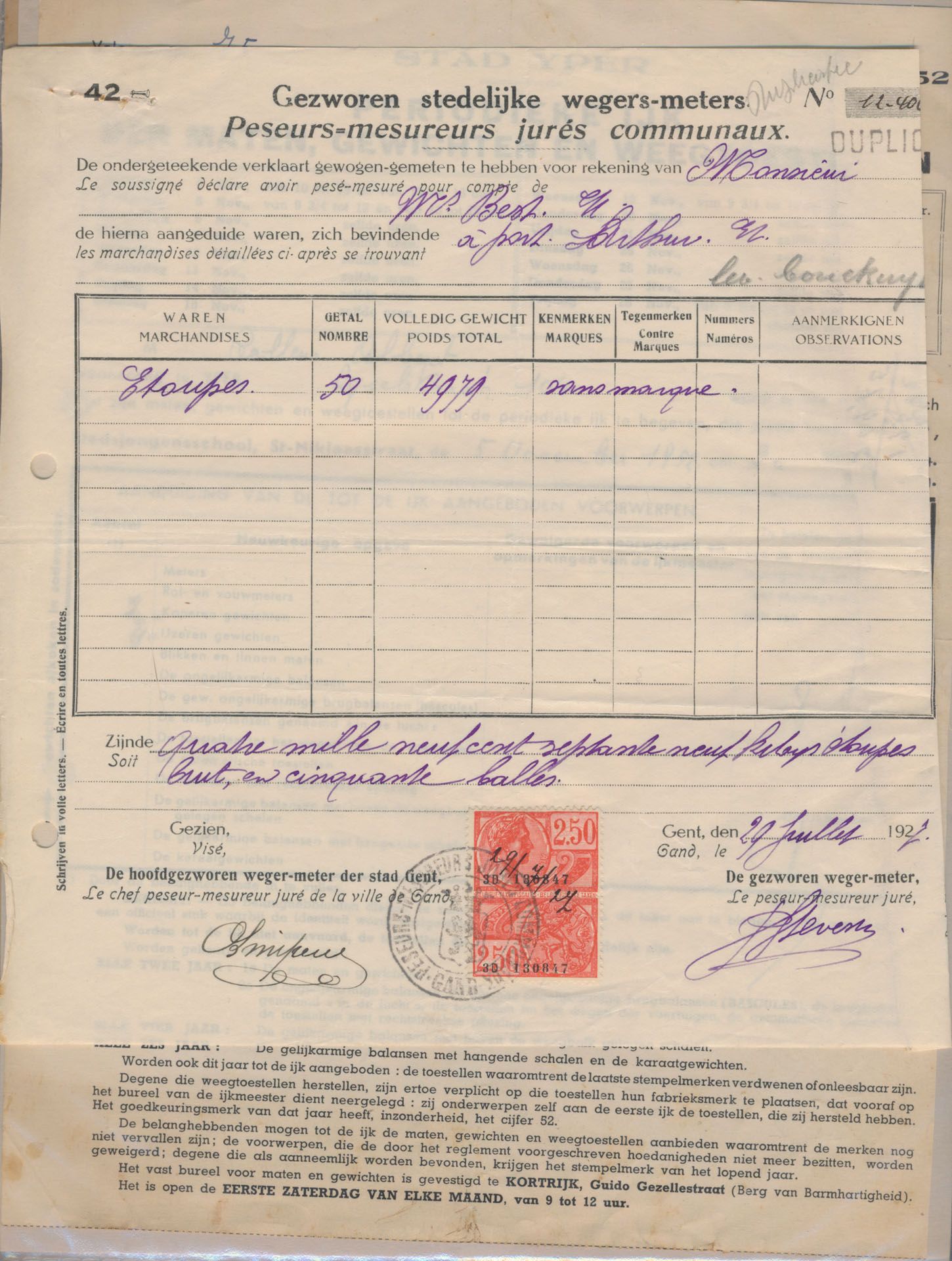 Gent, 6 ijkingsbewijzen + 1927/1954: Periodiek ijk van de maten, 8 documenten, zm/m