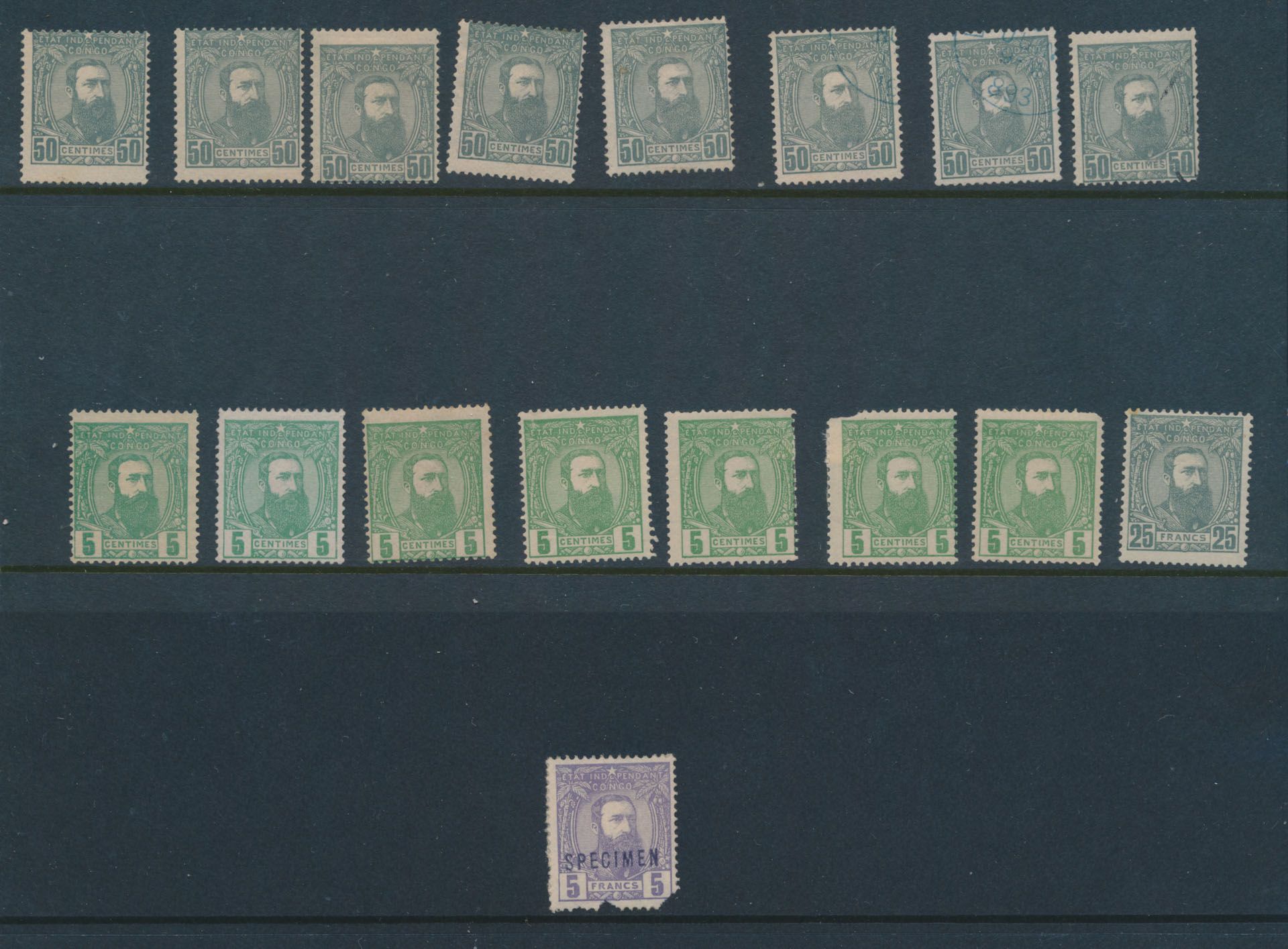 1887 Leopold II Ausgabe, Konvolut von 39 Briefmarken, überwiegend postfrisch, 5c, 10c, 25c, 50c grau, 25 Fr, und eine 5 Fr violett mit SPECIMEN Aufdruck (in schlechter Erhaltung), Qualität zu prüfen, für Spezialist, vf/f/zu prüfen