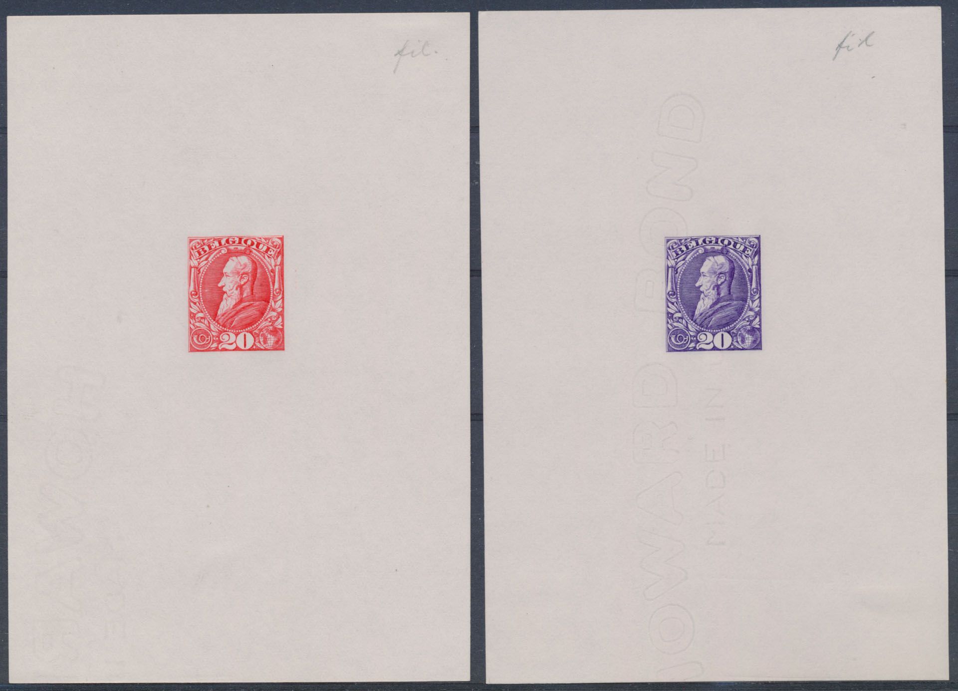 STES 2094/95, 2 proeven van de matrijs van een niet aangenomen ontwerp van E. Petitot (1887) op wit papier met watermerk 