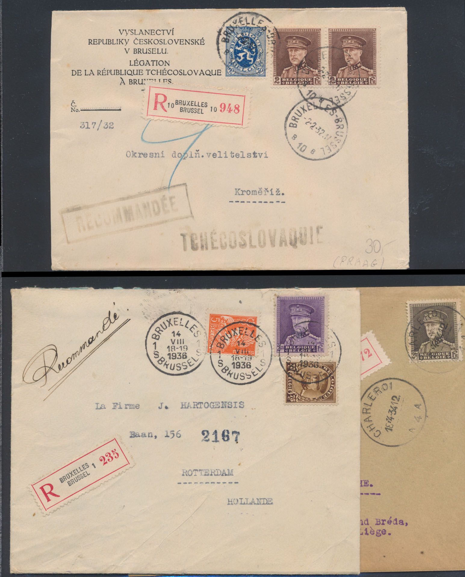 3 registered letters from Charleroi to Binche, from Bruxelles to Kromeriz (Czechoslovakia) and to Rotterdam (Netherlands), vf.