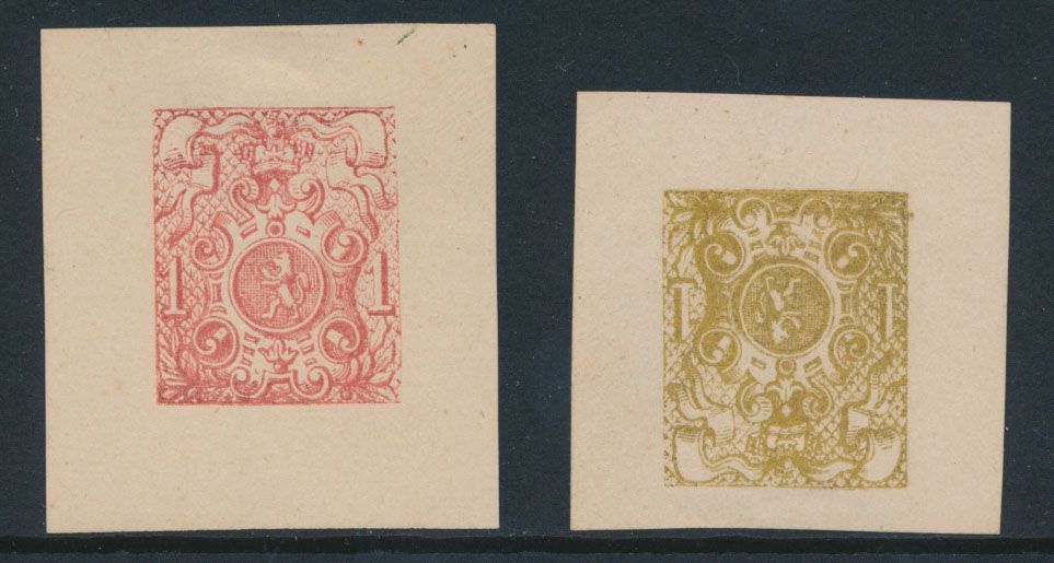 Type STES 1279, 2 privéherdrukken door Moens (1870), gebaseerd op originele matrijs van Dargent, uit de tekening van Delpierre, niet aangenomen ontwerpen in olijfgeel en rozerood van de 