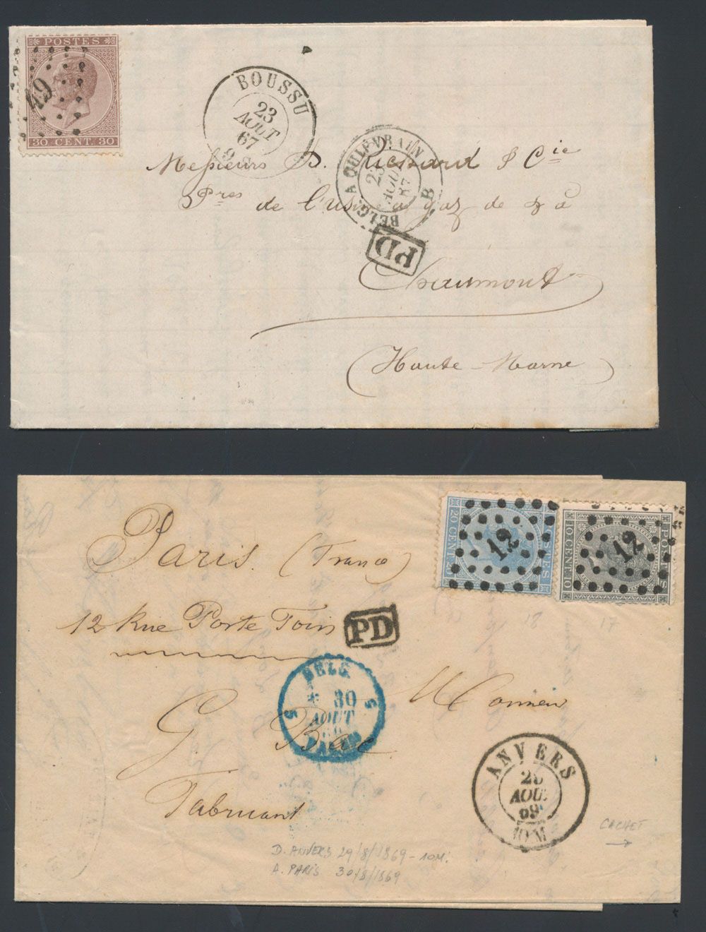 1865, 2 Briefe aus Belgien nach Frankreich, mit 