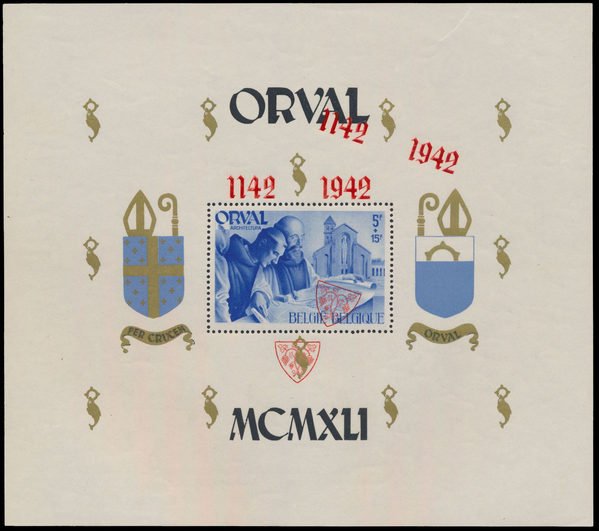BL 22-Cu, English numerals, perforated, NOT numbered, with double red overprint (shield and 1142 1942), 1 of which is very diagonally, also light crease at top, vf (OBP ++€120)