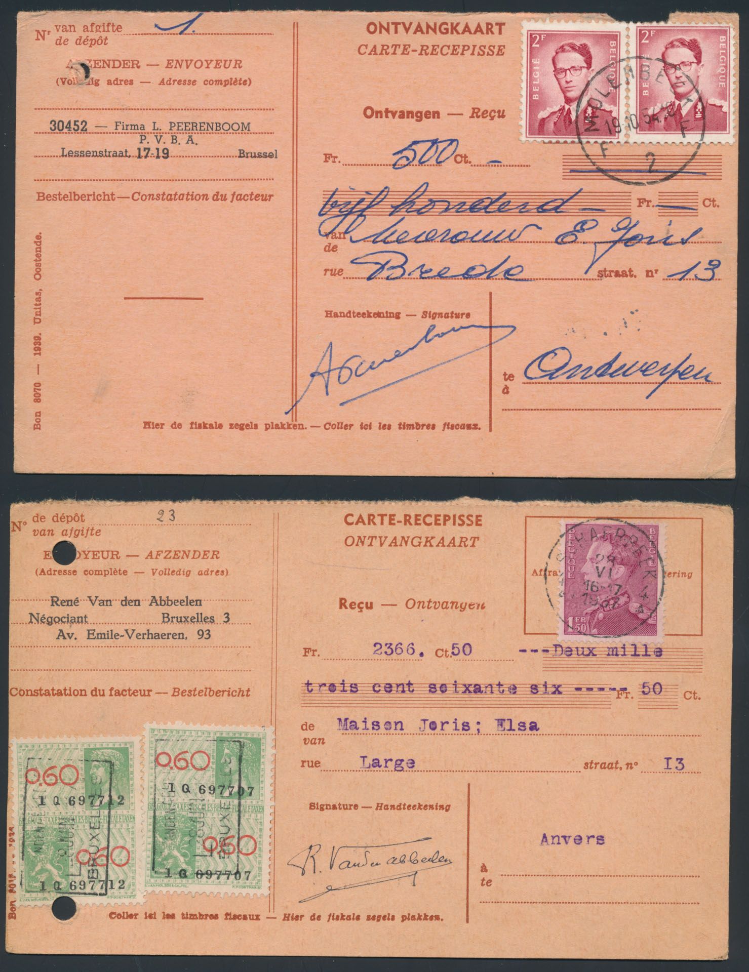 Samenstelling 193 ontvangkaarten (1935/55), met diverse frankeringen, m/ntz.