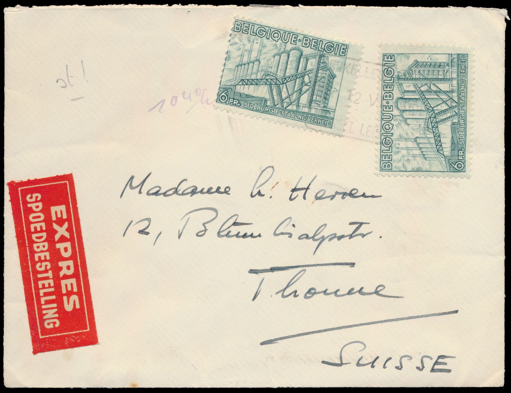 1951, envoi exprès, lettre envoyée de Bruxelles à Thun/Suisse, affranchie avec (OBP) N° 772 (2x), tb