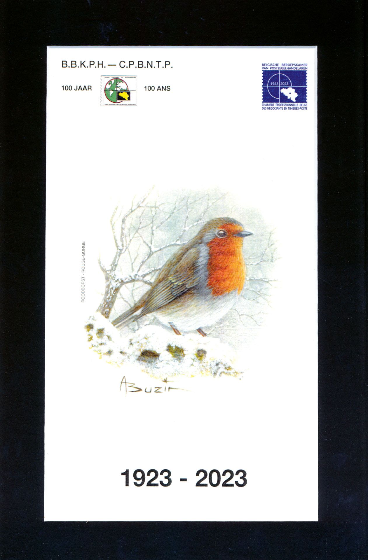 Type N° 2223 'Roodborstje' niet aangenomen ontwerp, uitgegeven door de Belgische Beroepskamer van Postzegelhandelaren ter gelegenheid van jun 100 Jarig bestaan. (Oplage slechts 100 stuks), in originele kader.