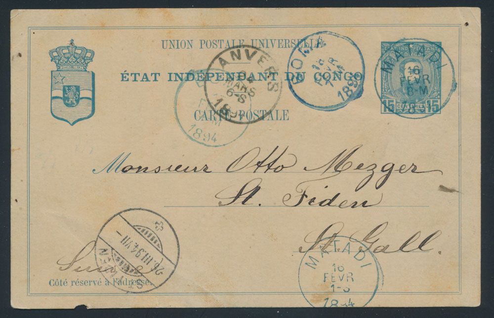 Postal stationery Stibbe #11 used from Matadi / Congo Free State, February 16, 1894 to St.-Gall / Switzerland, uncommon destination, vf/f