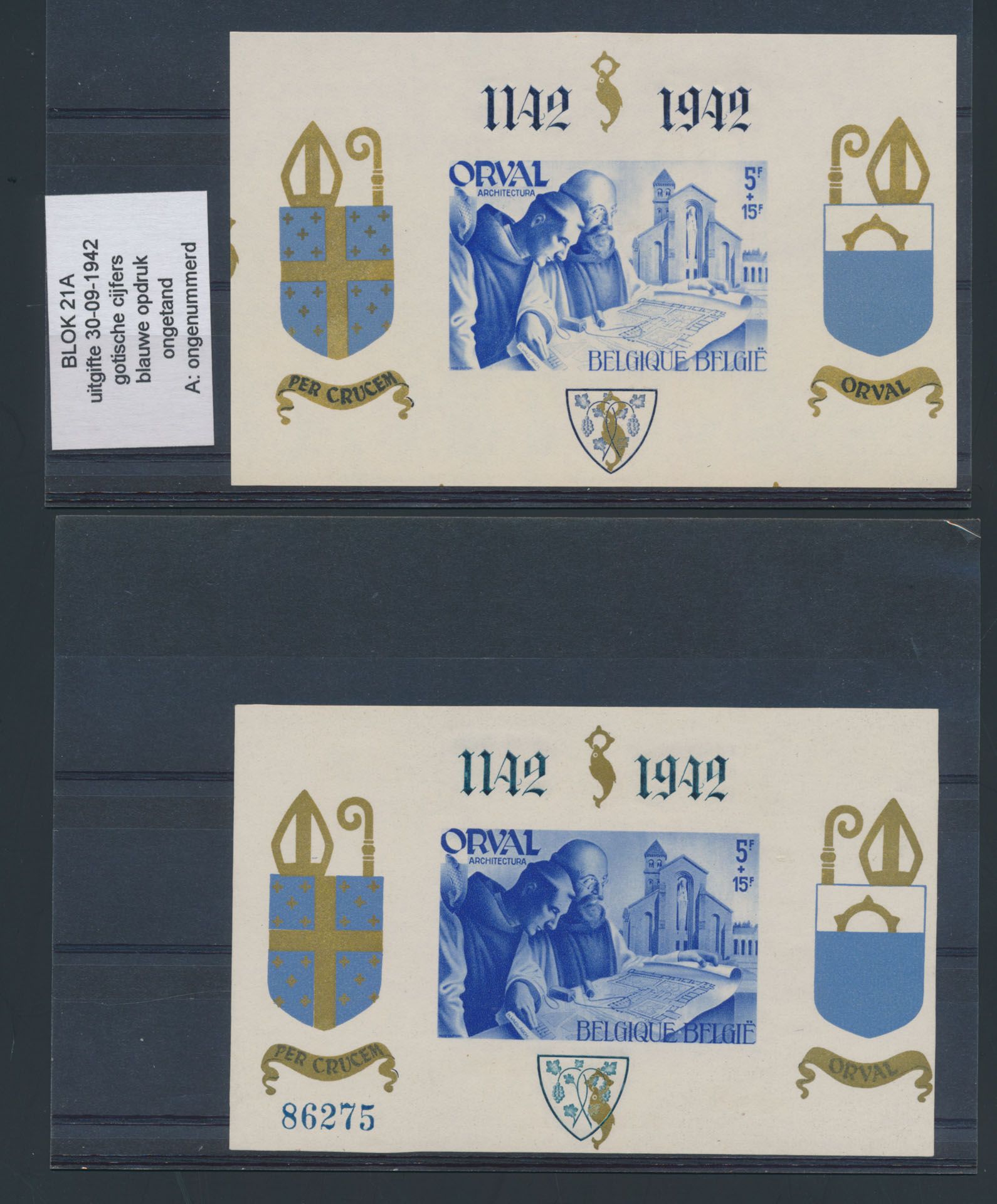 BL 21 and 21A, Gothic numerals, blue overprint, perforated, numbered and unnumbered (issue 30-09-1942), vf (OBP €60)