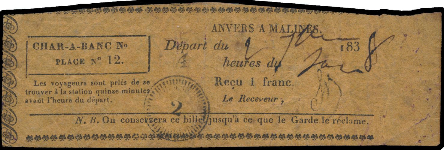1838 Treinticket van de lijn Anvers-Malines, dd. 2 juni 1838, ondertekend door de ontvanger die een tampon '2' aanbrengt. Bij het document is een uniek schrijven aan de Heer Herlant, dewelke vermeldt: 1. Timbre avec marque CUPERUS, 2. Photocopy d'un ticket de 1838 avec marque au tampon ( met tekening ), 3. la carte de 1885 des Ch. d. G. Nota : un carte pour les télégraphes doit être au musée Postal, zm
